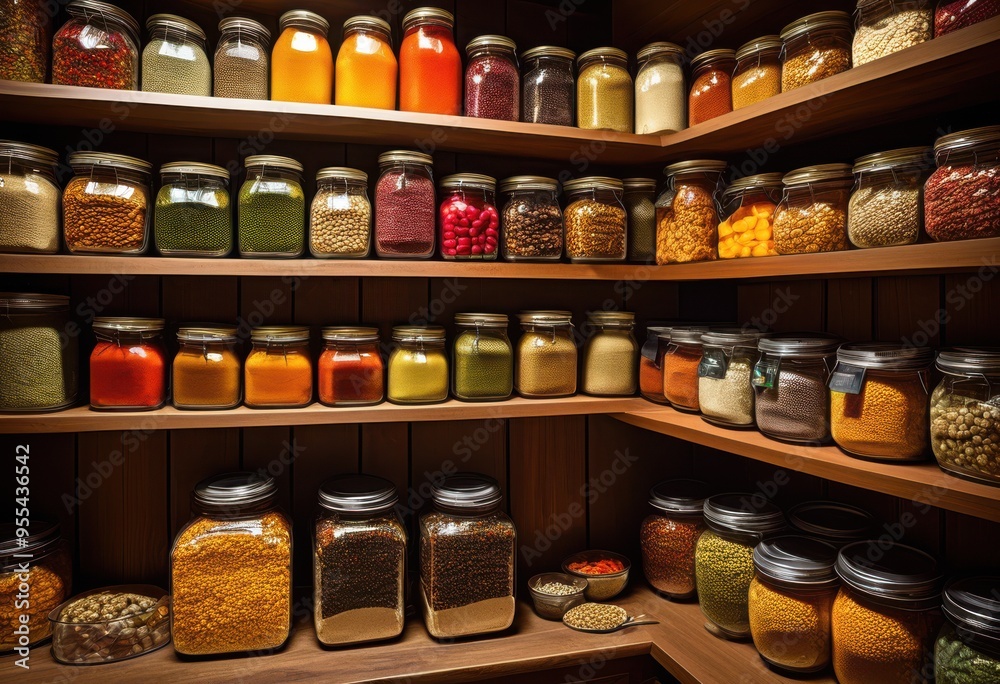 vibrant pantry shelves overflowing colorful food items including canned snacks organized display, grains, spices, containers, packaging, vegetables, fruits, dry