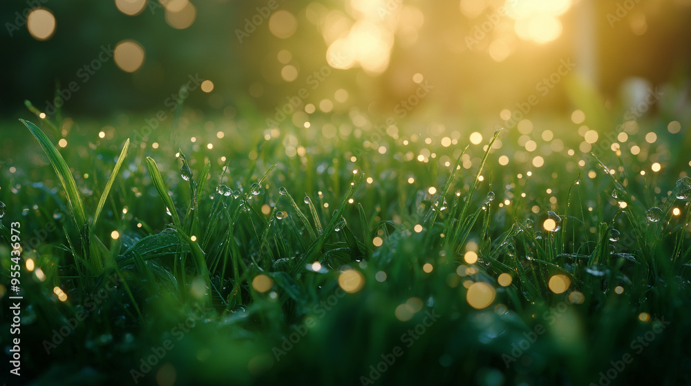 Obraz premium A field of grass with raindrops on it