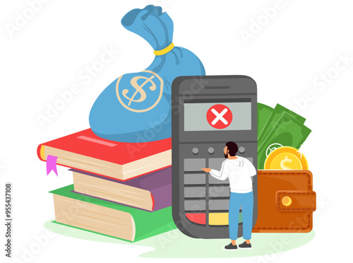 Scholarship program cost calculation vector illustration. Man counting financial expenses on knowledge terrified with unbelievable high value. Financing on study and budget planning concept