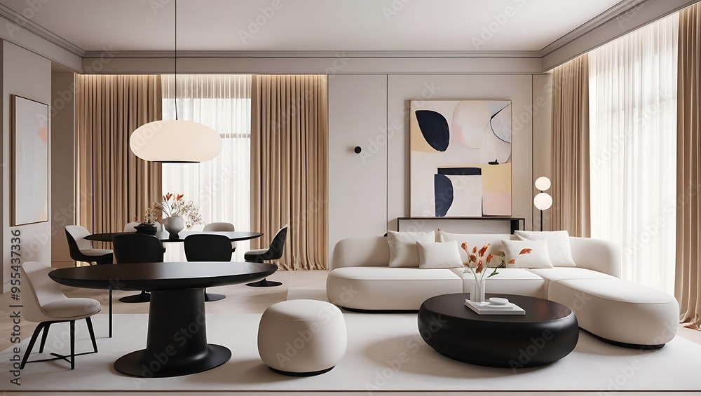 Design an elegant open-concept living and dining area with a calming, neutral color scheme Design an elegant open-concept living and dining area with a calming, neutral color scheme