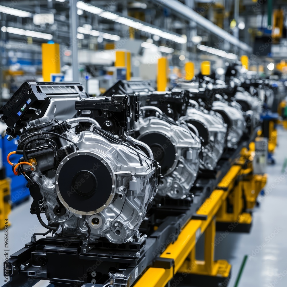 Fototapeta premium Automotive engines in various stages of assembly on a factory line, highlighting the complexity and efficiency of modern manufacturing