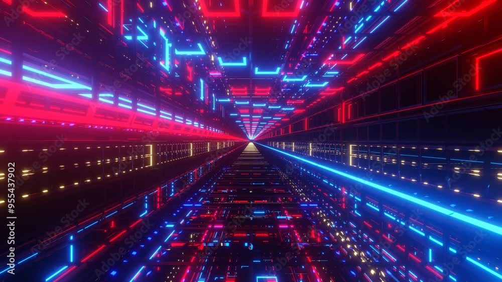 fast endless forward movement through a dark tunnel with glowing red and blue lights. 3d render looped animation