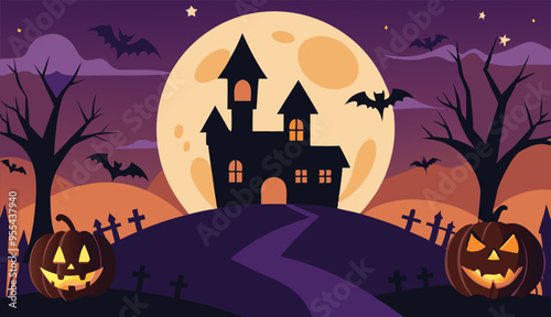 Spooky Halloween background Haunted House with Full Moon and Bats Vector Illustration