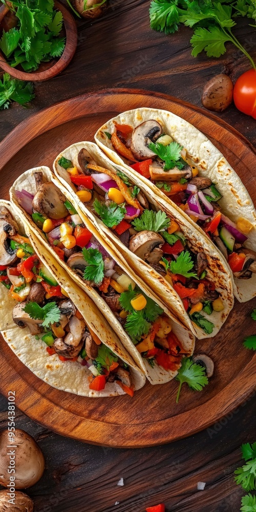 Colorful vegetarian tacos with fresh ingredients on a wooden plate Colorful vegetarian tacos with fresh ingredients on a wooden plate