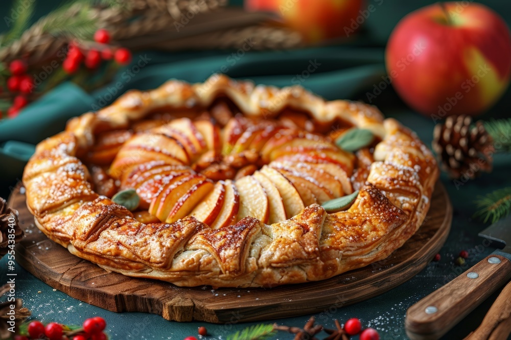 A beautifully crafted apple cranberry tart with a golden, flaky crust, artfully arranged apple slices, and cranberries, perfect for a festive dessert. A beautifully crafted apple cranberry tart with a golden, flaky crust, artfully arranged apple slices, and cranberries, perfect for a festive dessert.