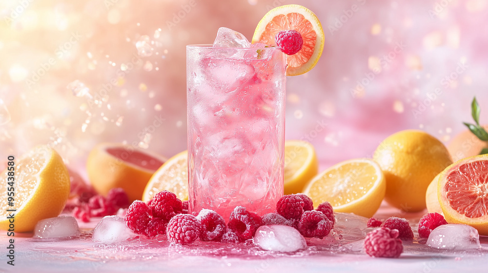 Chilled Pink Grapefruit and Raspberry Sparkling Water Splash Chilled Pink Grapefruit and Raspberry Sparkling Water Splash