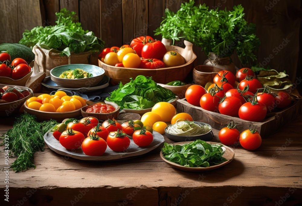 vibrant meal display arranged natural wood setting colorful dishes fresh ingredients showcasing culinary artistry, table, arrangement, presentation, food vibrant meal display arranged natural wood setting colorful dishes fresh ingredients showcasing culinary artistry, table, arrangement, presentation, food