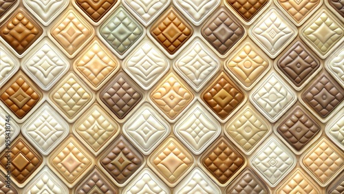 Luxurious quilted pattern in warm shades featuring diamonds and squares
