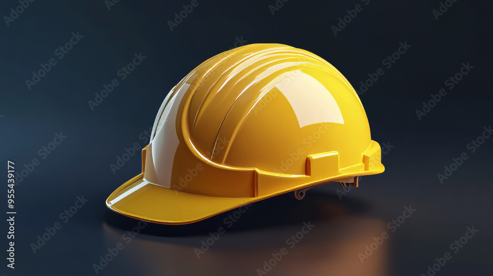 This 3D realistic illustration features a protective yellow helmet, designed for workers in various fields such as industry, construction, service, engineering, and architecture. The helmet is rendere This 3D realistic illustration features a protective yellow helmet, designed for workers in various fields such as industry, construction, service, engineering, and architecture. The helmet is rendere
