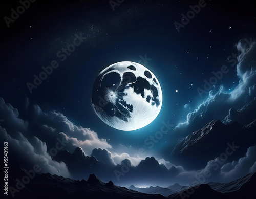 Fantasy landscape with moon and stars on dramatic sky. 
