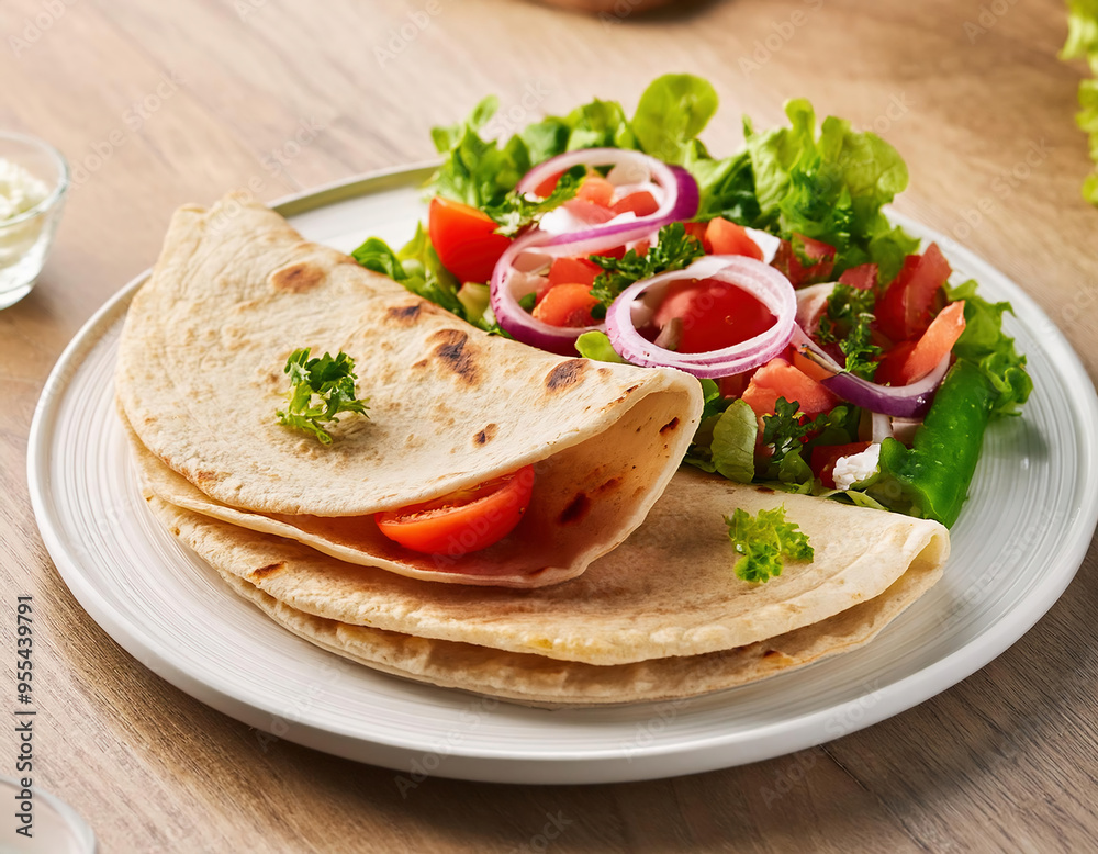 Mexican quesadilla with tomato, onion and lettuce on wooden table Mexican quesadilla with tomato, onion and lettuce on wooden table