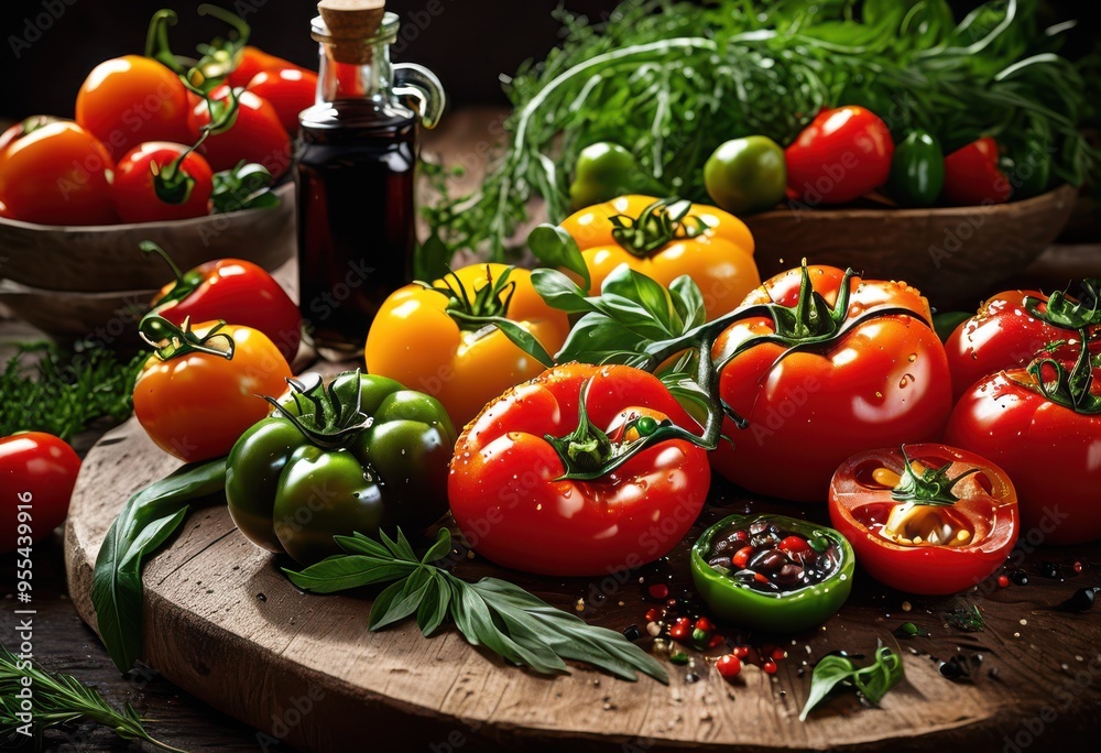colorful ingredients artfully arranged enticing culinary presentation showcasing freshness flavor, arrangement, artistry, aesthetic, beautiful, composition