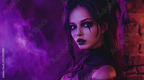 A woman with dramatic smoky makeup and deep red lips, wearing a witch hat, stands against a vibrant purple background decorated with bat silhouettes, embodying Halloween elegance.
