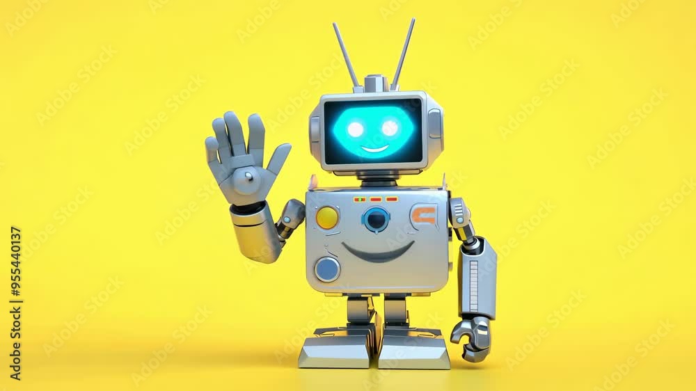 Friendly Cartoon Robot Waving on a Bright Yellow Background Friendly Cartoon Robot Waving on a Bright Yellow Background