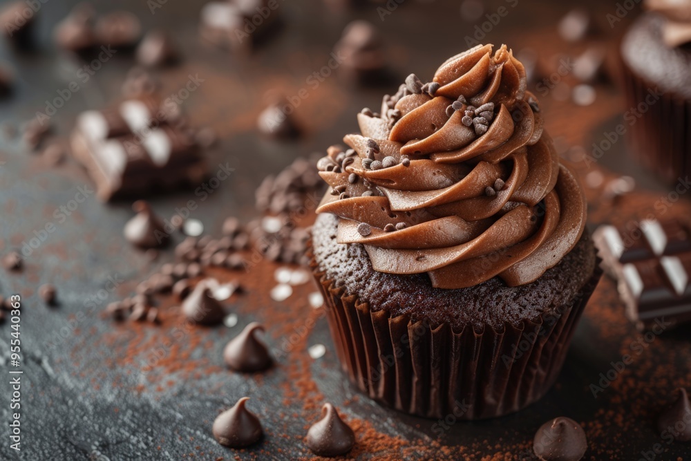 A decadent chocolate cupcake topped with rich chocolate frosting and a hint of mint garnish, sprinkled with chocolate chips and cocoa powder.
