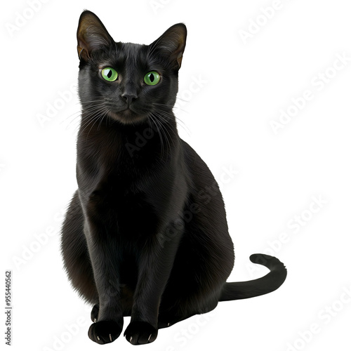 Elegant black cat with striking green eyes, sitting gracefully on a white background, capturing a serene and mysterious expression.