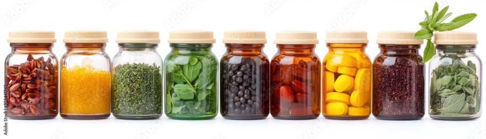 An arrangement of vitamin bottles with fresh herbs and fruits, promoting longevity, isolated on white background An arrangement of vitamin bottles with fresh herbs and fruits, promoting longevity, isolated on white background