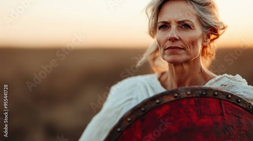 An older woman with grey hair and fierce determination in her eyes holds a red shield, standing tall and proud agianst a sunset backdrop, emulating strength and resilience. photo