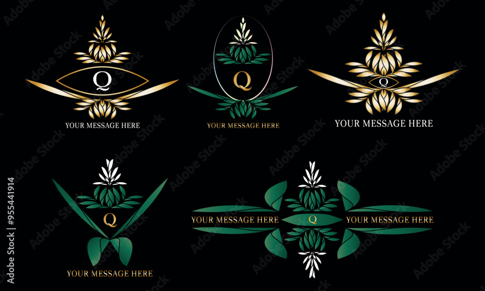 Fototapeta premium Initial Q logo set. Premium, luxury, vintage, badge design, frame style with floral ornament. Vector collection good for monogram.