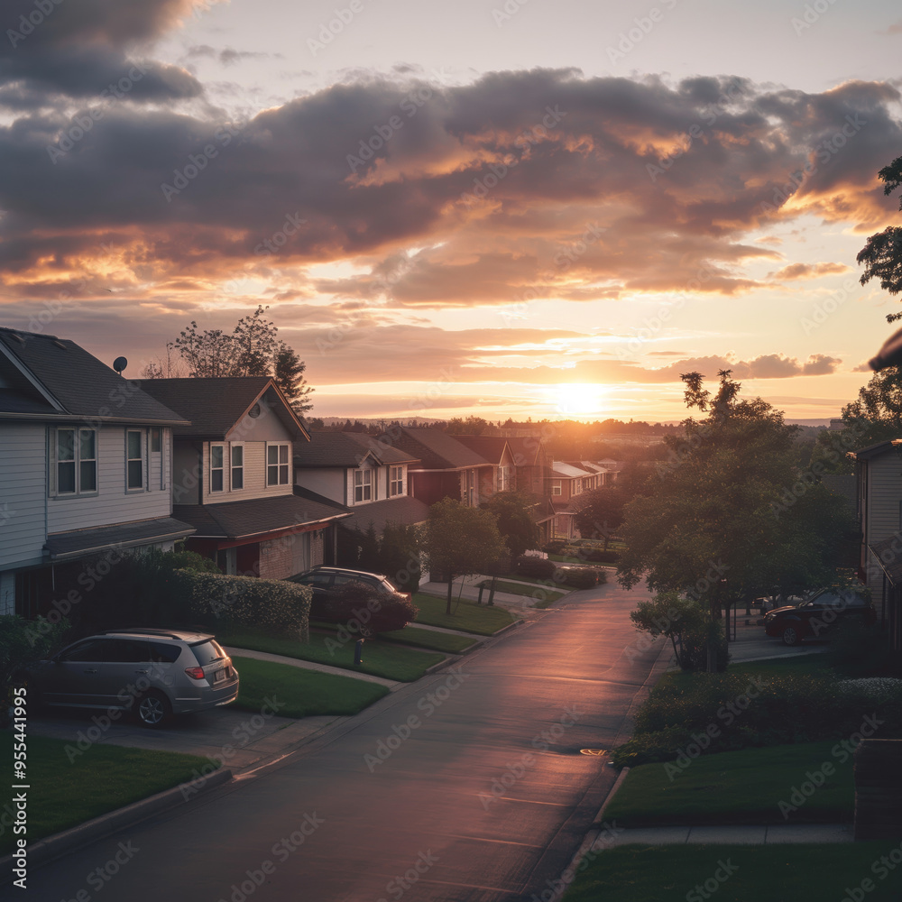 Serene Suburban Sunset with Colorful Sky Over Tranquil Residential Neighborhood Serene Suburban Sunset with Colorful Sky Over Tranquil Residential Neighborhood