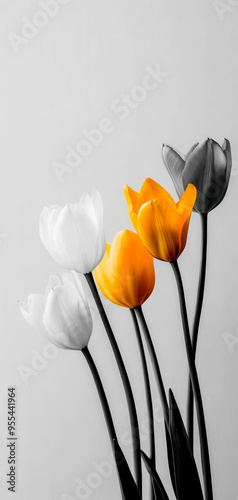 Vibrant tulips in a monochrome setting, showcasing the beauty of nature and contrasting colors. Perfect for floral aesthetics. photo