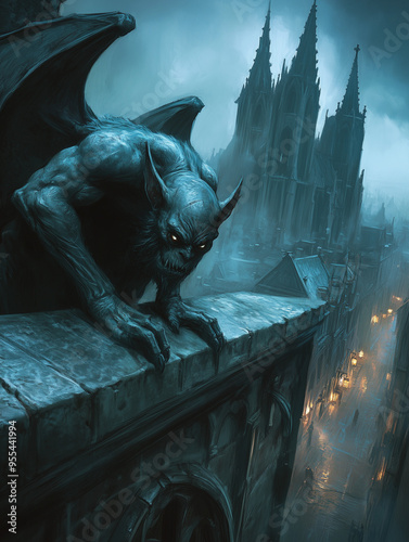 gargoyle leans over the edge of a gothic building in an old stone city - epic illustration - generative ai photo