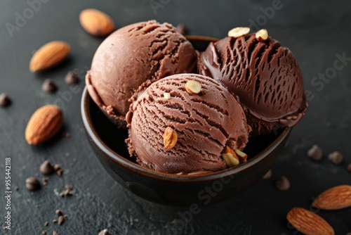 A bowl of creamy chocolate ice cream, garnished with crunchy almond slices, offering a perfect balance of textures and flavors.