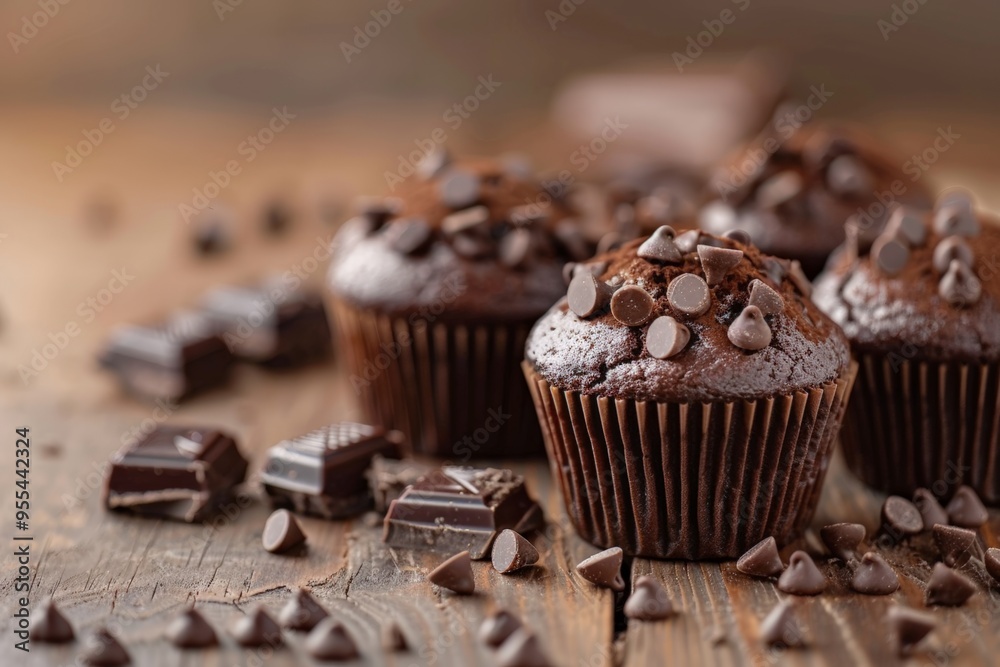 Three chocolate chip muffins arranged on a rustic wooden table, showcasing their rich chocolatey goodness. Three chocolate chip muffins arranged on a rustic wooden table, showcasing their rich chocolatey goodness.