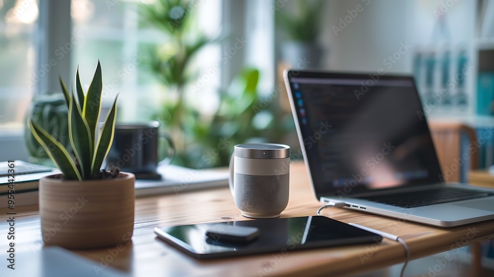 A portable Bluetooth speaker with a modern design, playing music on a clean desk.