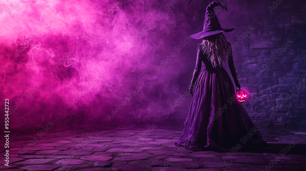 A silhouette of a witch in a dark, foggy scene illuminated by purple light, standing near a jack-o-lantern, evoking a spooky Halloween night. A silhouette of a witch in a dark, foggy scene illuminated by purple light, standing near a jack-o-lantern, evoking a spooky Halloween night.