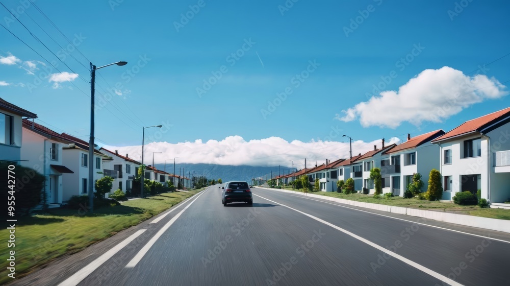 Car Driving Down Street Next to Row of Houses Car Driving Down Street Next to Row of Houses