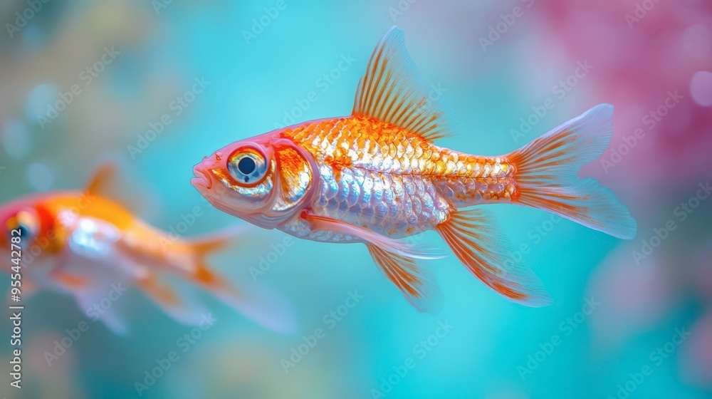 Fototapeta premium Vibrant goldfish in a colorful aquarium backdrop