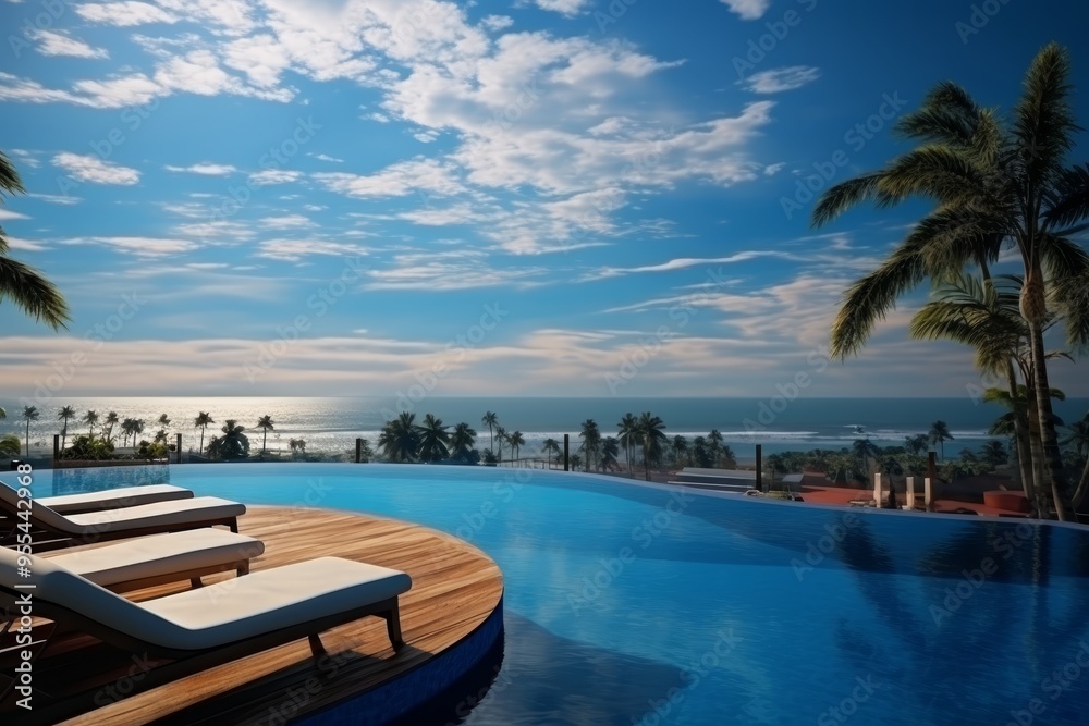 Fototapeta premium Luxurious villa terrace with sunbeds and pool overlooking breathtaking sea and sky views