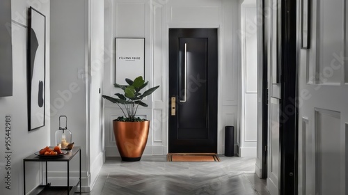 Hallway With Potted Plant Next to Black Door