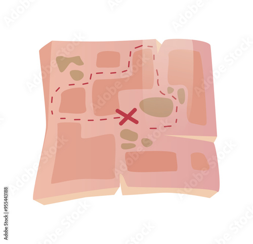 Flat vector illustration of an old treasure map with a marked path leading to a destination point The map is depicted in pink and brown tones with dashed lines