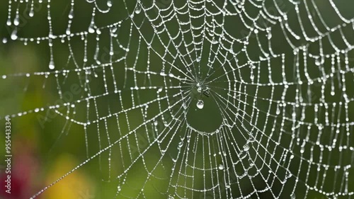 The quick impact of raindrops hitting a spider web, causing it to shimmer and shake under the weight of the water