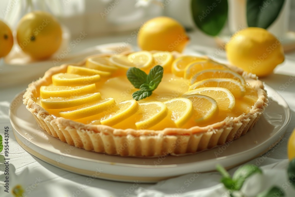 A vibrant lemon tart topped with fresh lemon slices, dusted with powdered sugar, creating a refreshing and tangy dessert presentation. A vibrant lemon tart topped with fresh lemon slices, dusted with powdered sugar, creating a refreshing and tangy dessert presentation.