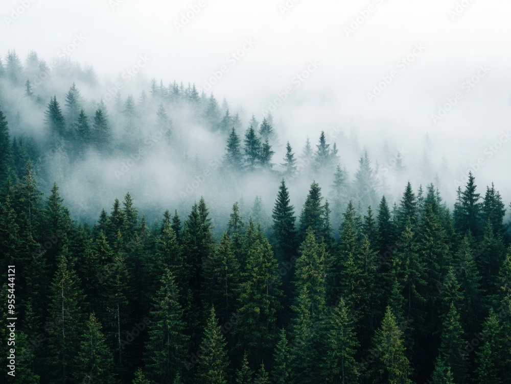 Obraz premium Morning mist rolling through a dense forest, foggy weather, mysterious ambiance