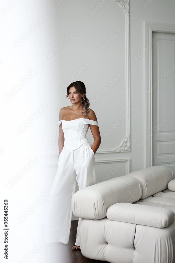 Fototapeta premium Elegant middle-aged woman in white suit posing in light interior of photo studio