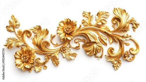 Isolated golden baroque floral elements on white.
