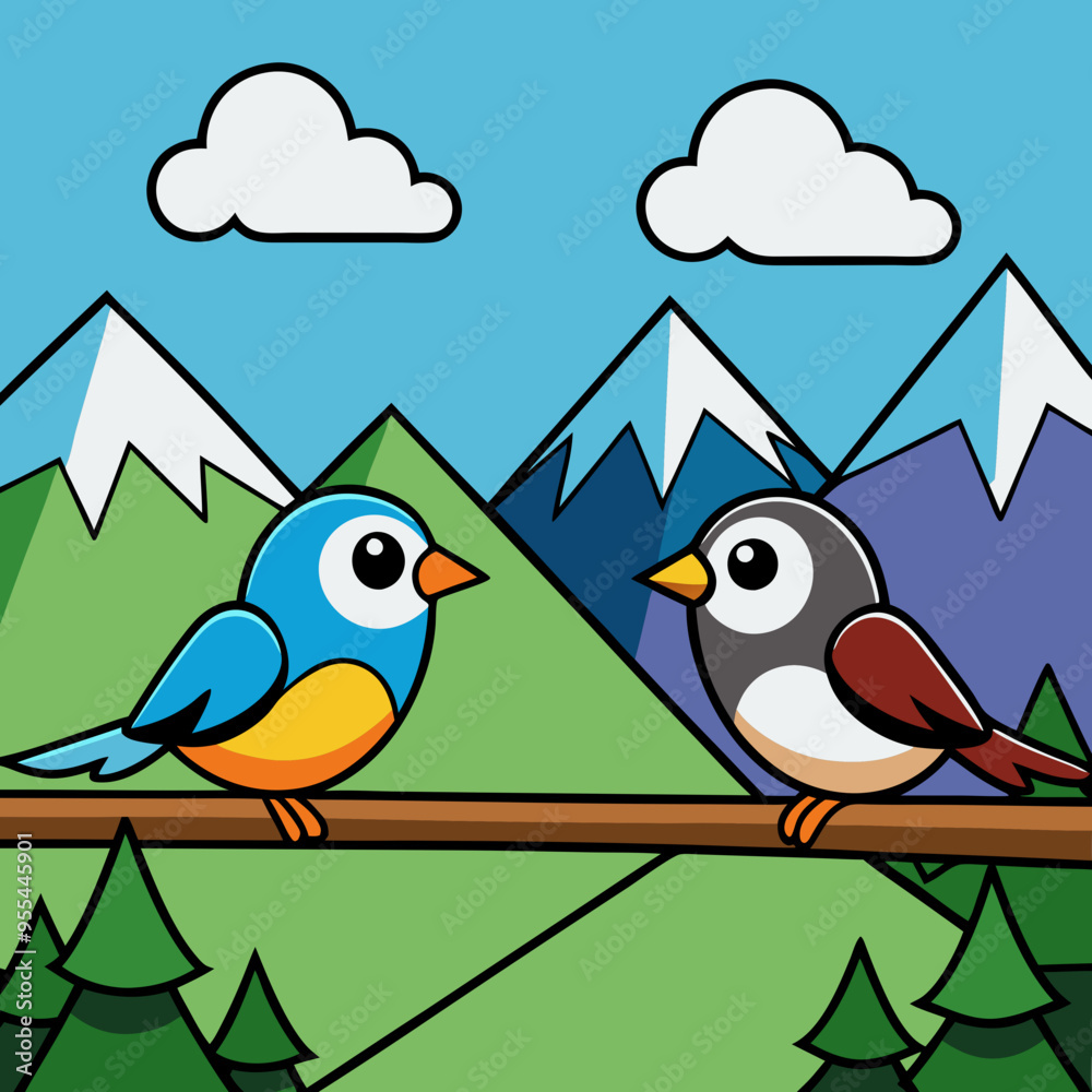 Mountain Perch Vector Illustration of Two Birds on a Branch Mountain Perch Vector Illustration of Two Birds on a Branch