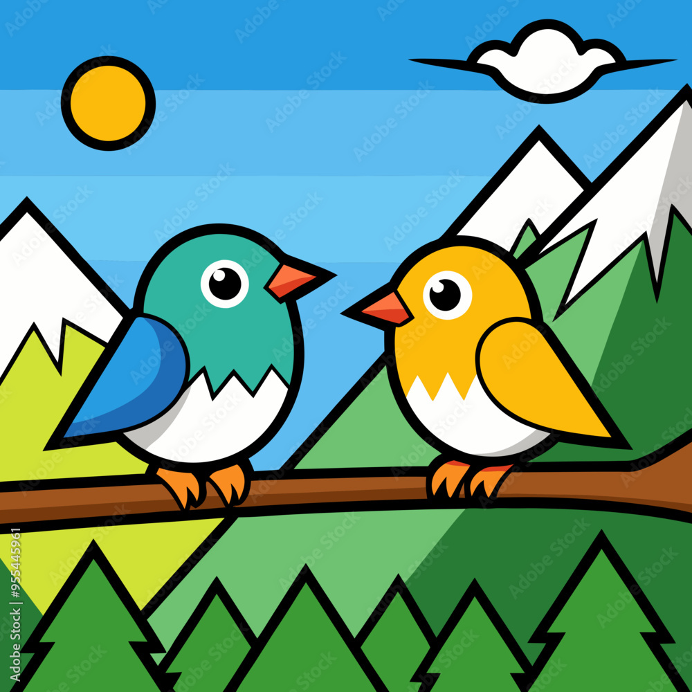 Mountain Perch Vector Illustration of Two Birds on a Branch Mountain Perch Vector Illustration of Two Birds on a Branch