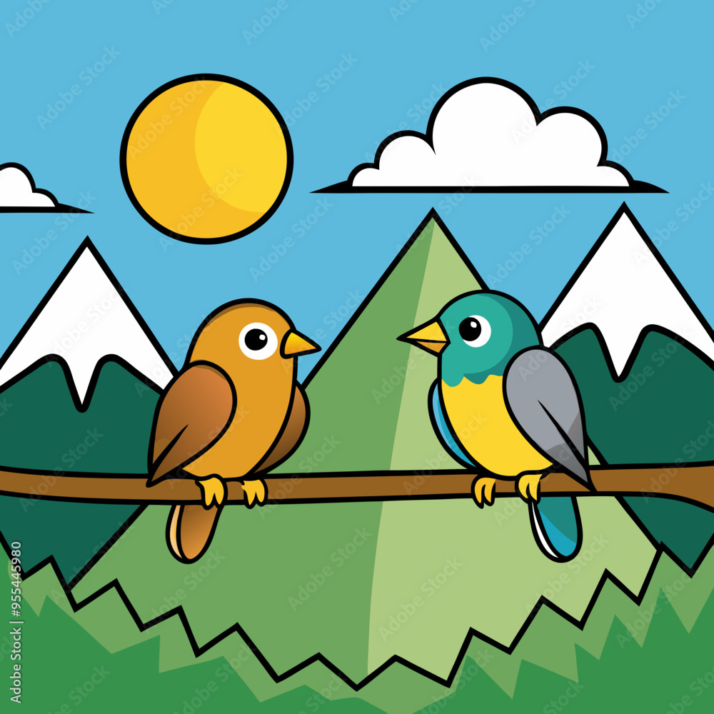 Mountain Perch Vector Illustration of Two Birds on a Branch