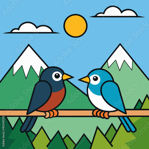 Mountain Perch Vector Illustration of Two Birds on a Branch