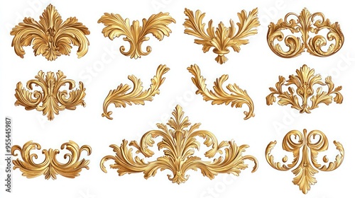 Isolated golden baroque ornament elements on a white background.