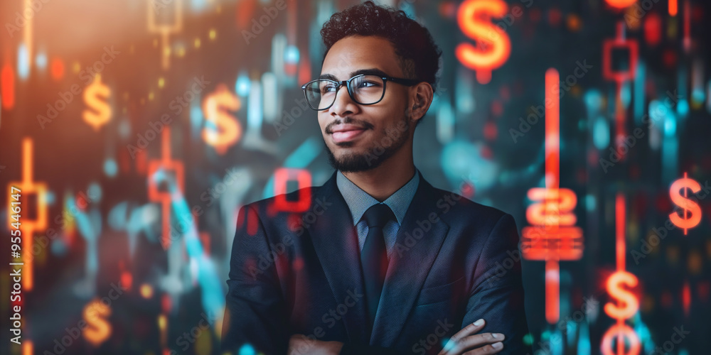 Businessman with financial charts, dollar signs, confident and professional, business concept
Businessman with financial charts, dollar signs, confident and professional, business concept