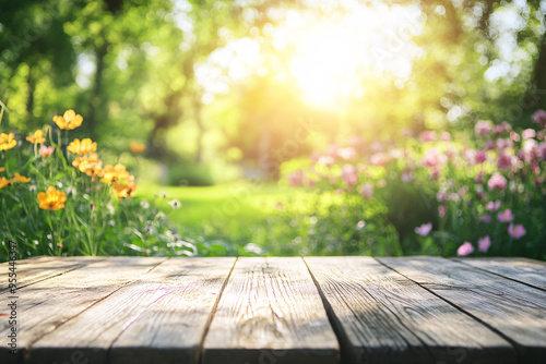 A wooden table in a sunny garden surrounded by flowers and greenery creating a bright and peaceful outdoor setting