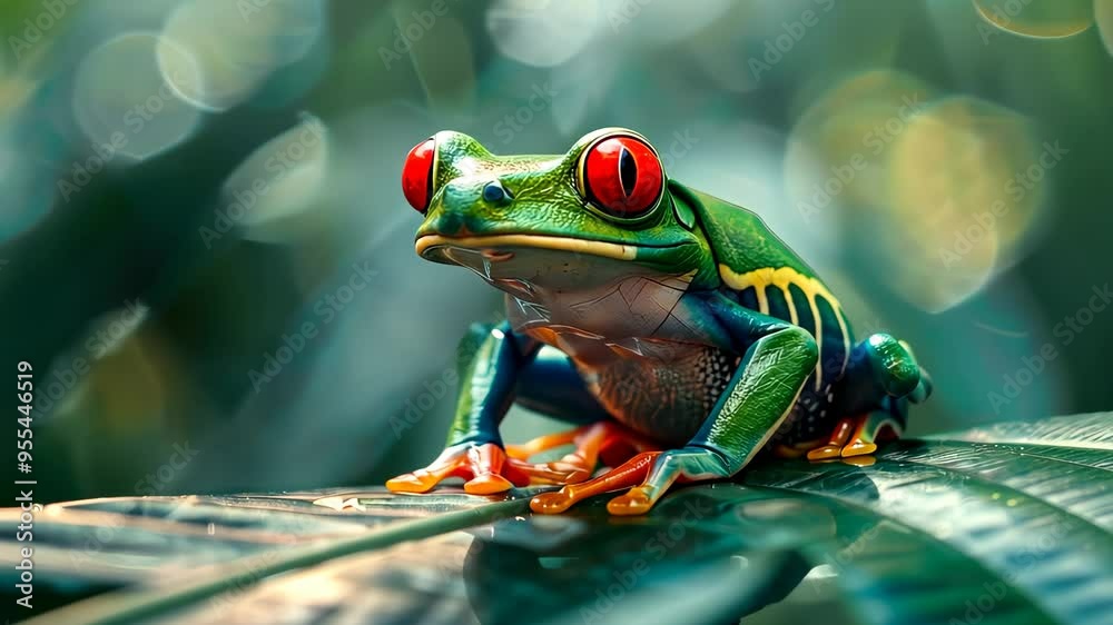 Red-eyed tree frog on leaf in rainforest, vibrant colors. wildlife and nature concept Red-eyed tree frog on leaf in rainforest, vibrant colors. wildlife and nature concept