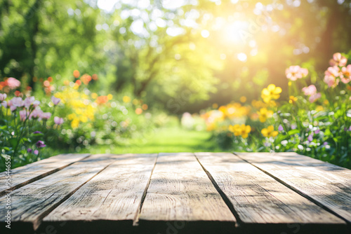 Fototapeta Naklejka Na Ścianę i Meble -  Rustic wooden table in a sunny garden with bright flowers and greenery creating a warm and inviting natural setting