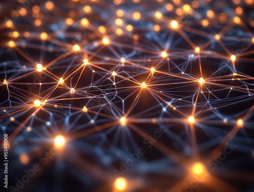 An abstract network of glowing nodes and connections illuminated by a warm light, symbolizing technology and connectivity.